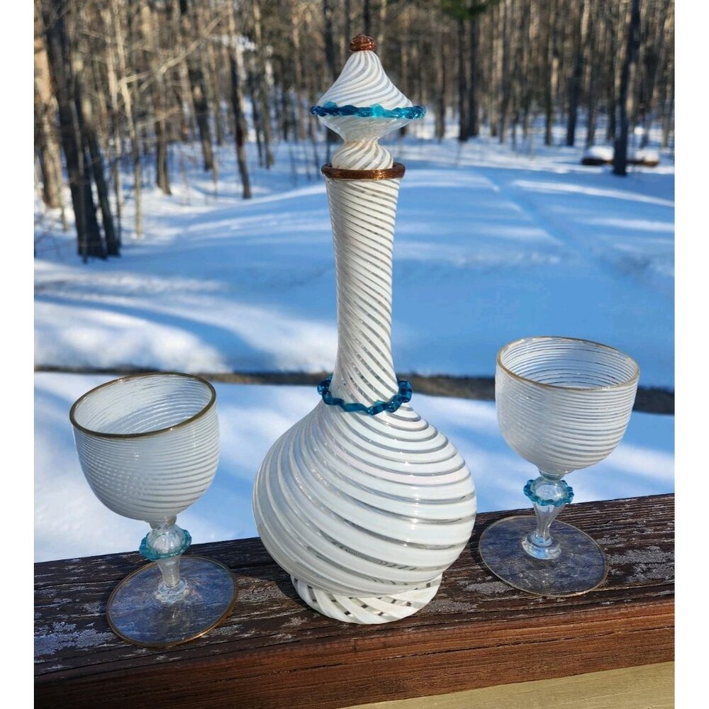 Italian Salviati Vetro a Fili Swirl Blue Rigaree Genie Bottle Decanter 2 Goblets